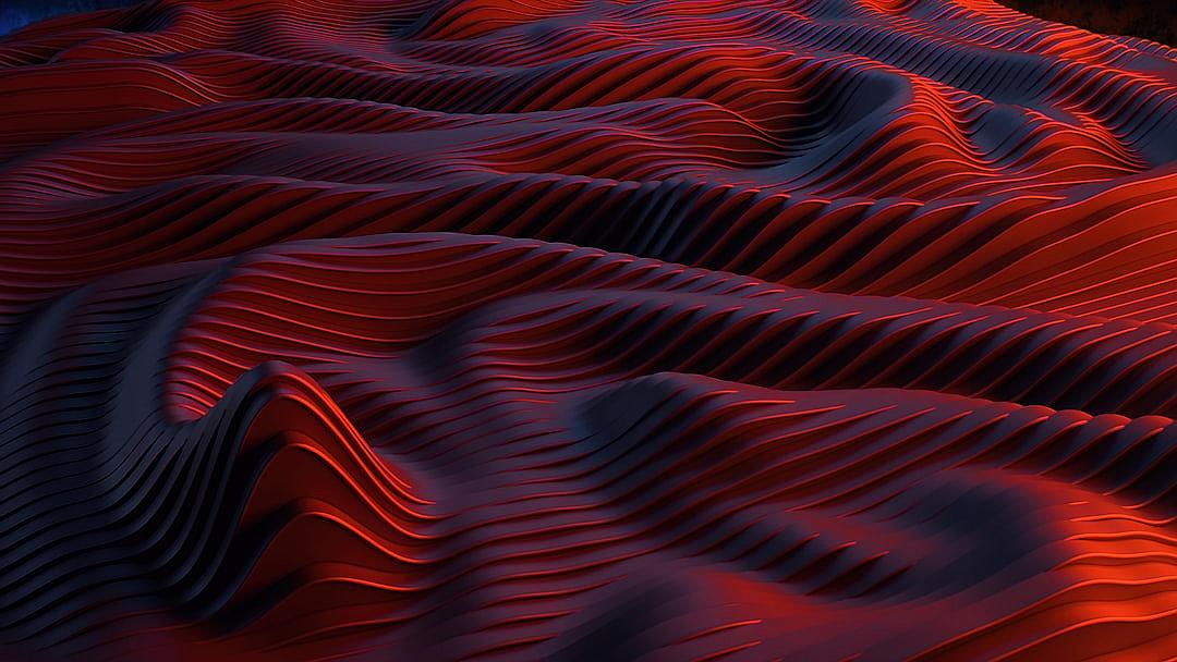 Red waves, undulating red hills with a dark background, three-dimensional red lines on the surface of the hillside, undulating like ripples, close-up, high-definition photography, rendered in the style of C4d.