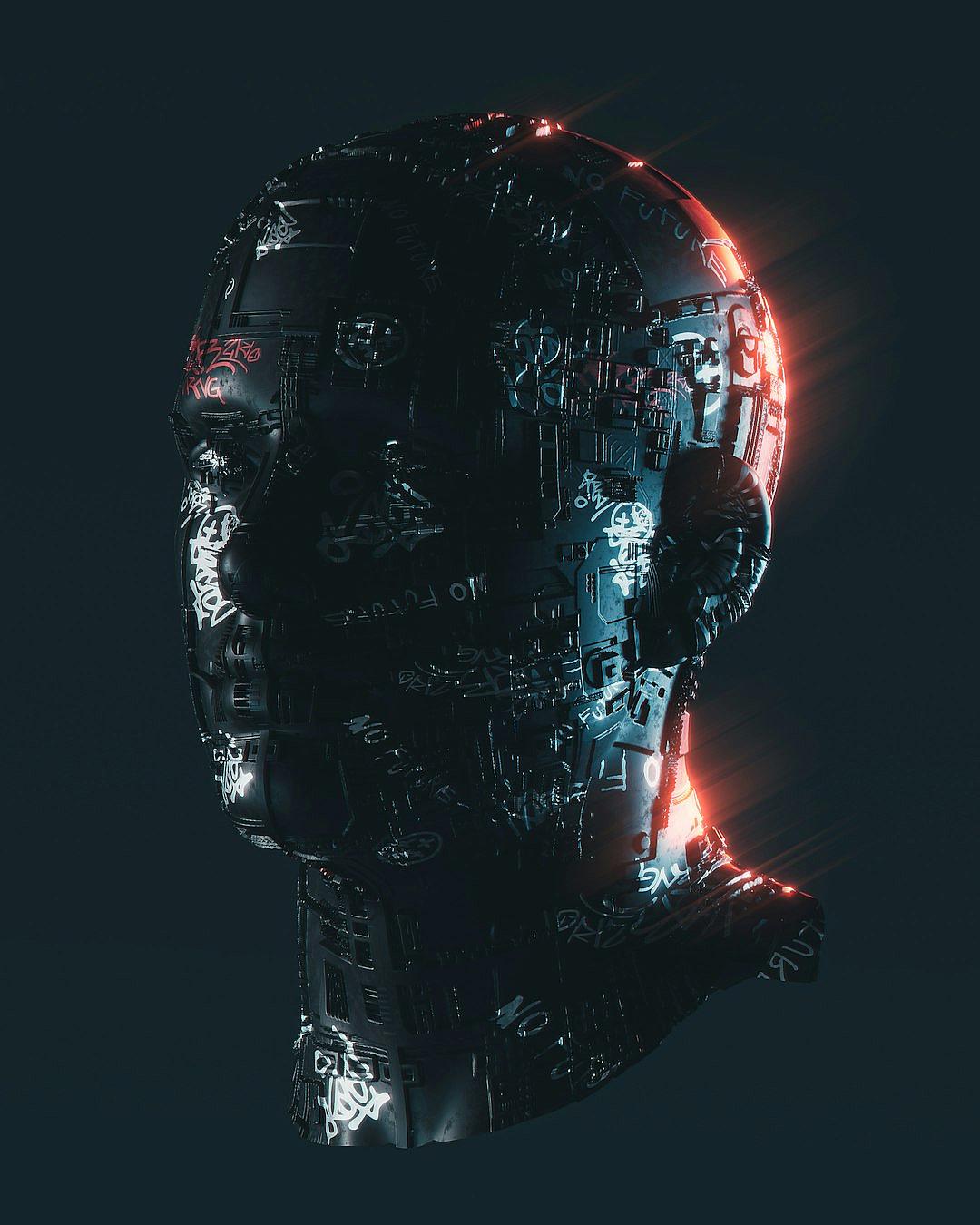 front view of a black cyberpunk robot head made from glowing intricate circuitry against a dark background with dramatic lighting and a minimalistic design, photographed in a hyper realistic style.