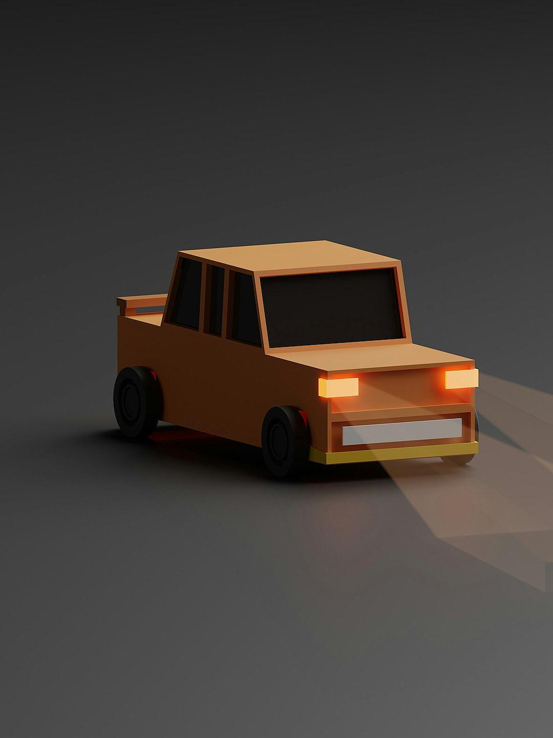 3D low poly car model, using simple shapes with low detail and warm colors in a soft lighting with a dark background and isometric perspective.