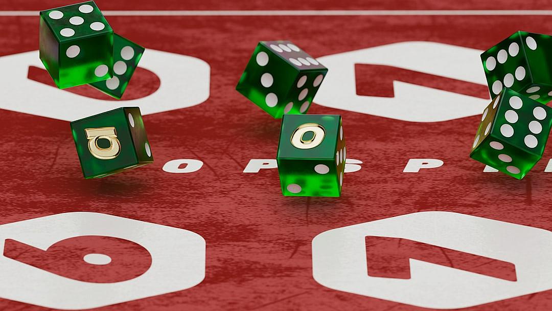 green dice rolling on the red background with white numbers, a sportsbook logo in the middle of the composition, white text “OPP” written at the bottom right corner, high resolution image.