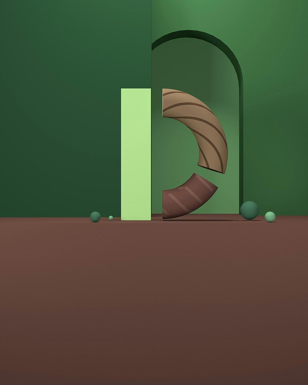 A minimalist composition of two contrasting colors, brown and green, with an arched door in the background, featuring abstract shapes that resemble chocolate bars and spheres on the ground. The scene is captured from eyelevel perspective, with a 3D rendering style.