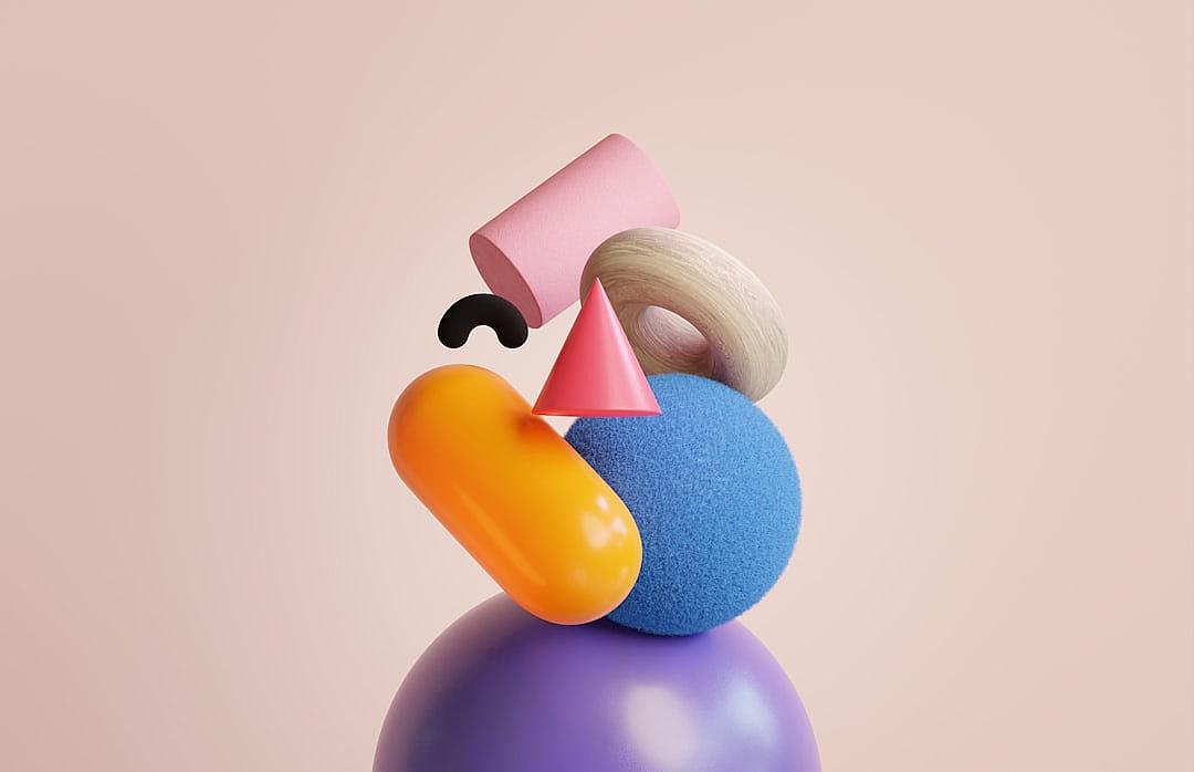 3d rendering of colorful geometric shapes on top of each other with an isolated pink background. In the style of playful character design, minimalist sculpture, cartoonlike characters, rounded forms, whimsical sculptures, bauhausinspired designs. A purple sphere is attached to two orange half circles and one blue circle in front of it. The shape has smooth curves and sharp edges, giving off a sense of calmness and simplicity. It also features a small black dot at its center.