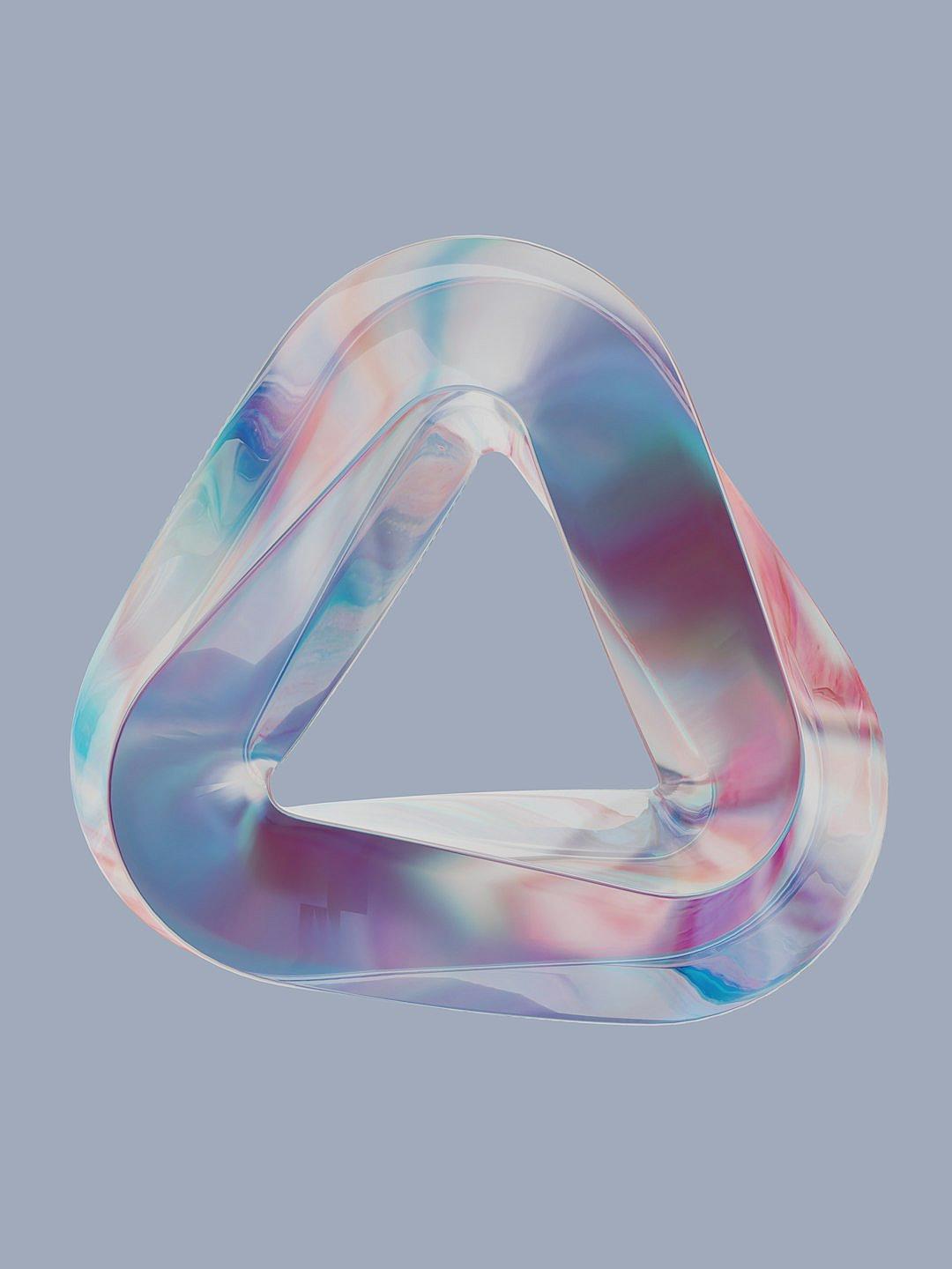 A triangular shape made of plastic material, with a gradient color scheme and glass texture, featuring surrealism, flat illustrations, minimalism, 3D rendering, high resolution, high detail, and a gray background. The overall layout is symmetrical and balanced, creating an abstract design style. It has a strong three-dimensional sense, bright colors, soft lighting effects, and clear details. in the style of minimalism.