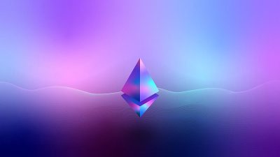 Ethereum logo on a gradient background with purple and blue colors. A blurred wave pattern appears in the bottom right corner with a light blue gradient at the top left corner. A blurry ethereum symbol is located in the center of the design. The style is simple, minimalistic with high resolution, quality and detail. The focus is sharp.