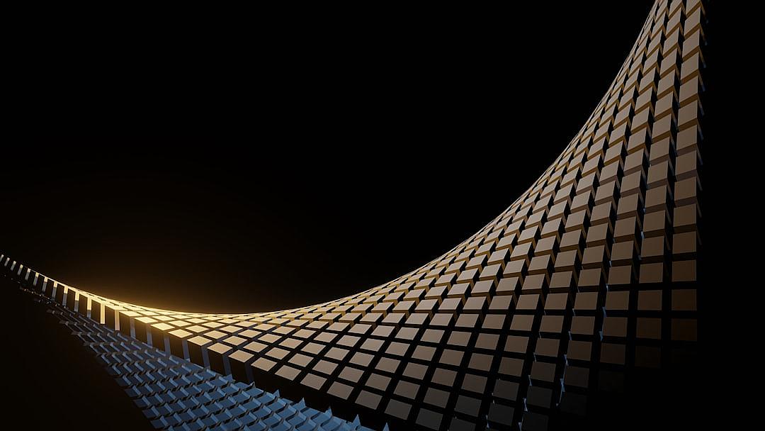 a long curved structure made of grid and squares, low poly style, on black background, hyper realistic, octane render, 3d rendering, minimalistic, simple, soft light, golden hour, shot with canon eos r5