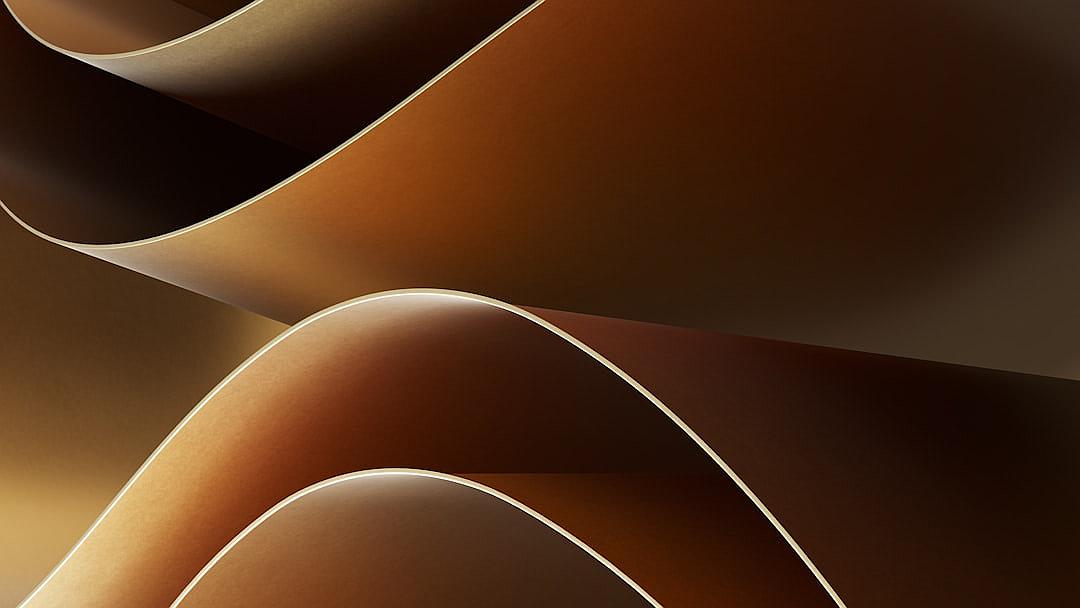 A closeup of the edge lines and curves on brown paper, with a gradient background in dark beige and light bronze tones. The lines and curves create an abstract pattern that resembles waves or ribbons. This design adds visual interest to any surface it is placed on. Abstract art, 3D rendering in the style of abstract art.