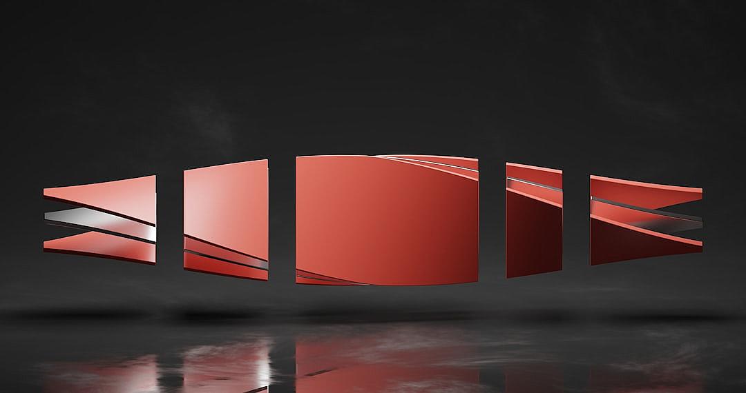 Red abstract logo design, rectangular shape with three different angles of the same red rectangle floating in space against a dark background, in a highend style, with 3D rendering, minimalist lines, simple and smooth shapes, at a high resolution, with high detail, high quality, high definition, high contrast, high saturation, and high color. With a black background, the red rectangle has a gradient and high light reflection, with a glass texture and glass effect.