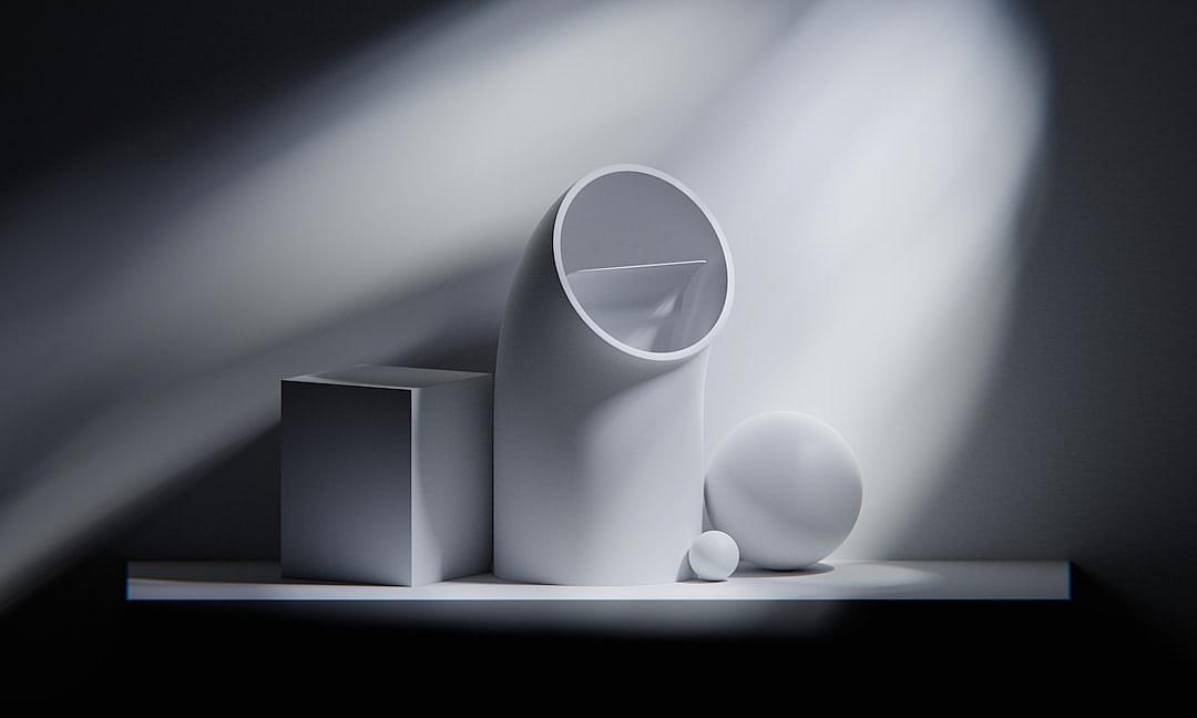 A still life composition featuring three different white, geometric shapes on an empty shelf against a dark background. The shapes include one cylinder and two spheres, all with smooth surfaces. They appear to be made of matte plastic or ceramic material. There is dramatic lighting casting long shadows from the overhead source, creating sharp contrasts between light and shadow. This scene has been captured in high resolution using Canon EOS camera settings for accurate detail capture. The composition is in the style of minimalist still life photography with sharp contrasts between light and shadow.