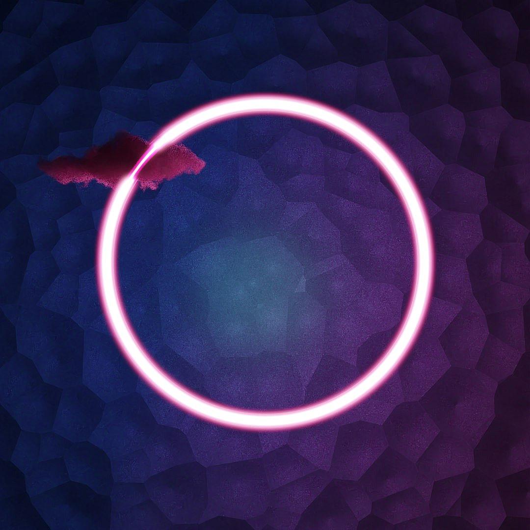 abstract background with dark blue and purple colors, a glowing pink circle in the center of it, simple shapes, simple lines, flat design, cartoon style, a small red cloud floating on the top in the style of that ring