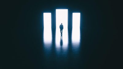 A person standing in the center of an empty room, with three glowing doors on each side of them. The door to their right is open and they have just POV out into it. Dark background. Minimalist.