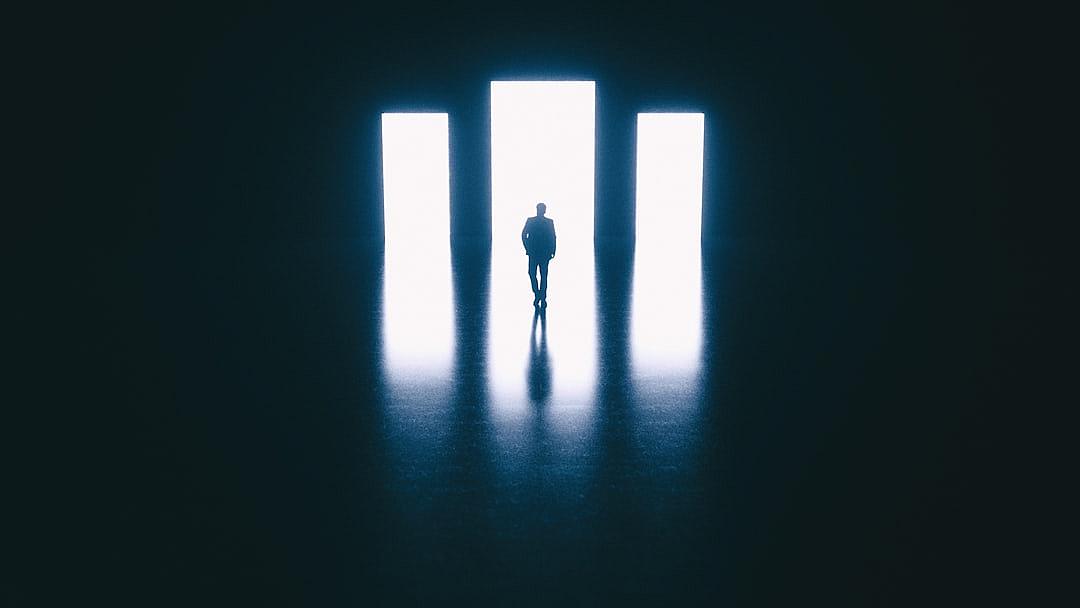 A person standing in the center of an empty room, with three glowing doors on each side of them. The door to their right is open and they have just POV out into it. Dark background. Minimalist.