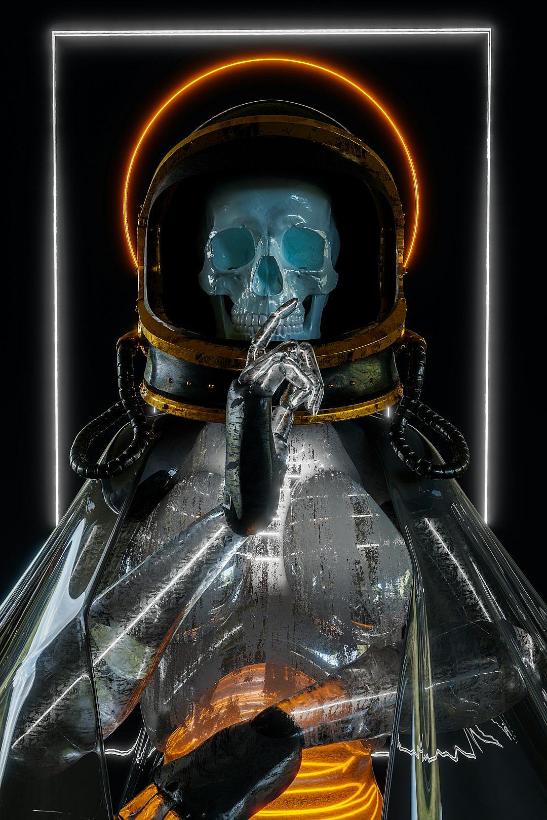 hyperrealistic photograph of an astronaut with skull face and blue eyes, glowing orange halo above head in the style of surreal cyberpunk iconography, light black and silver, high contrast realism, serene faces, tattoo inspired, chicano art, full body on dark background, wearing oversized transparent plastic coat in the style of [Ann Demeulemeester](https://goo.gl/search?artist%20Ann%20Demeulemeester) for editorial magazine cover, portrait, hyper realistic