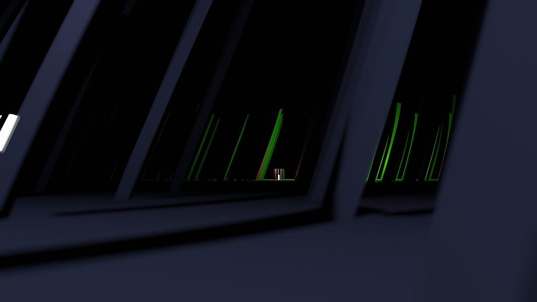 A close up of the window on a spaceship, the light is green and black in a dark room with a minimalistic design. White slats with a futuristic style and subtle lighting during night time. A hyper realistic style captured as if in the unreal engine.