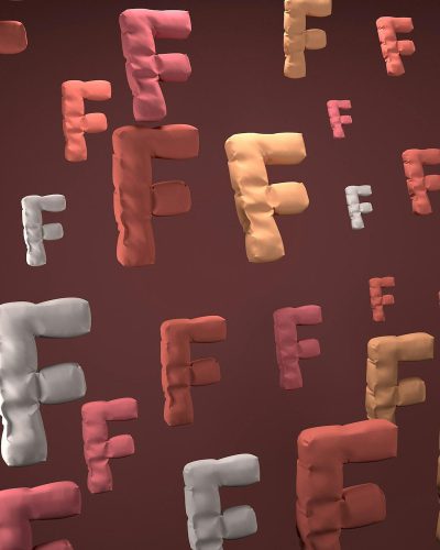 A background of different shades and colors of the letter "F" in the style of clay animation character, made from red, pink, beige, white and orange matte plasticine clay material, floating on a dark brown gradient background, seamlessly.