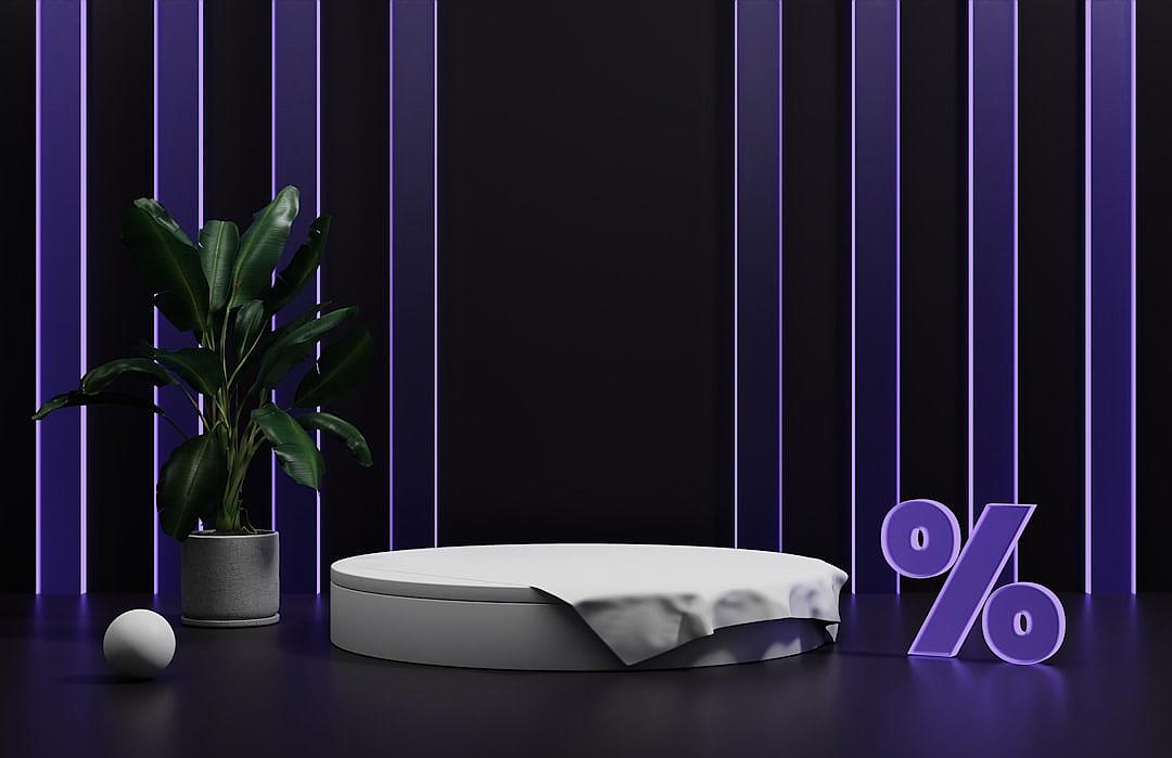 3D podium with a big purple and black background, in the style of 80s futuristic design, a white sphere on the floor, dark violet lines on the wall, a plant, photorealistic, high resolution, cinematic light.