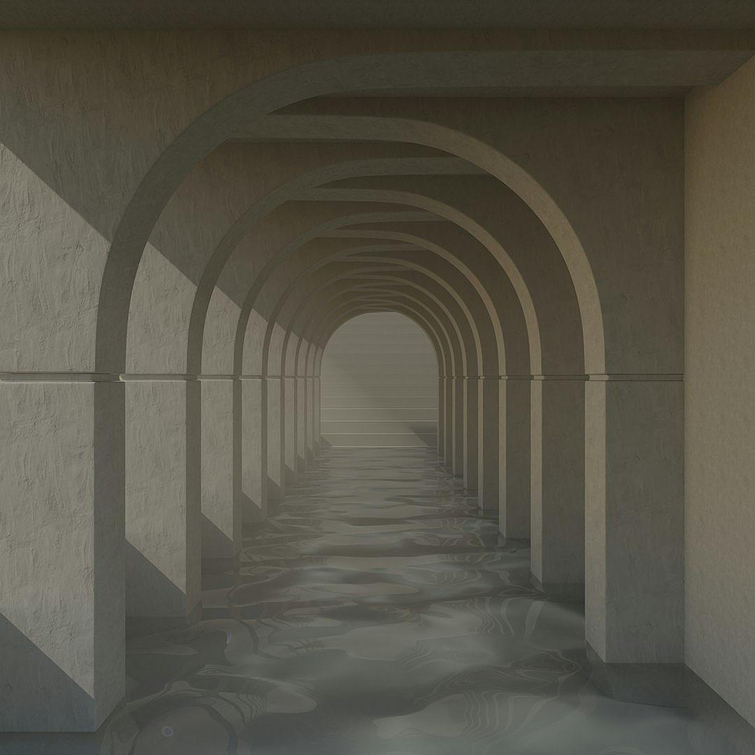 3D render of a simple architectural tunnel with a series of arches. The perspective is from an angle so that it looks like you’re walking through water. The walls and ceiling should be smooth stone. The lighting should cast long shadows across the floor which will have subtle ripples on its surface. The overall mood is dark and mysterious.