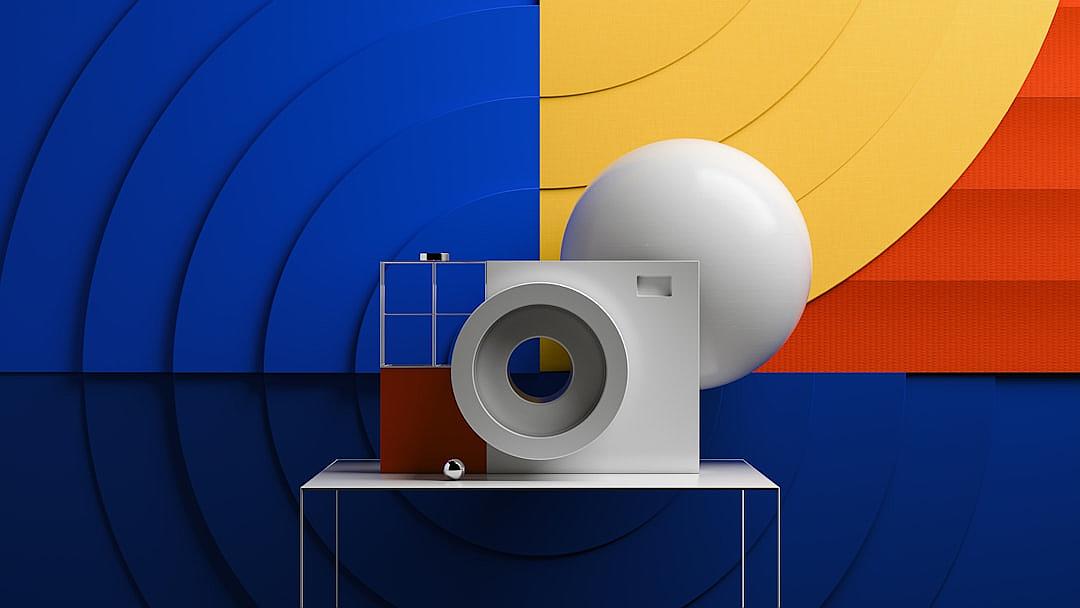 A white washing machine is placed on the table, with blue and orange geometric shapes in the background, rendered in the style of C4D, with a minimalist, highend brand style, and captured with high-definition photography. The colors should be vibrant and eyecatching. It’s designed to create an elegant atmosphere that emphasizes modernity and sophistication.