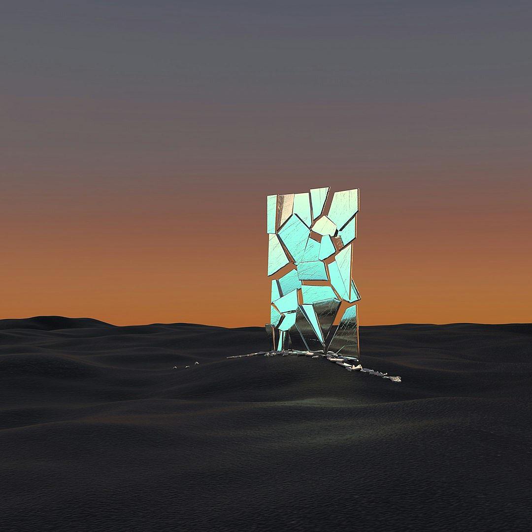 a tall glowing structure made of broken mirror standing in the middle of an empty desert at dusk, hyper realistic