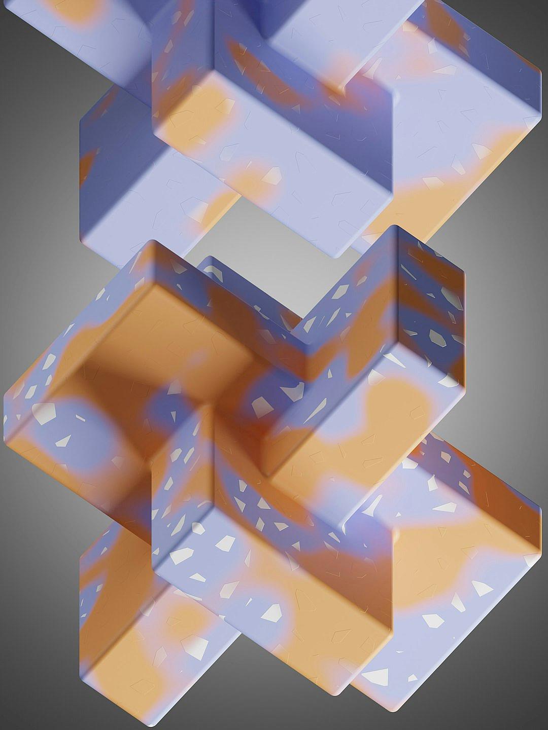 abstract composition of cubes in the style of graphic design, with soft orange and blue colors, creating an illusionistic effect, rendered as an isometric rendering featuring light purple and beige tones, with subtle geometric patterns on each cube, showcasing an intricate interplay between light and shadow, captured from above for an overhead perspective.