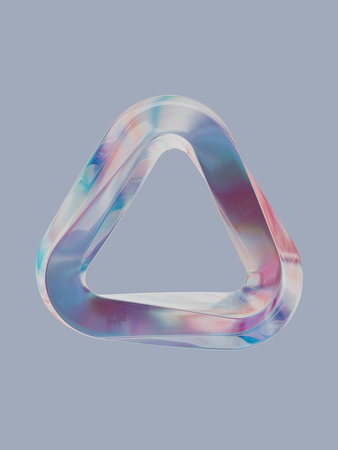 minimalist, ultrafine translucent pastel white plastic triangular ring with holographic liquid inside, on grey background, soft shadows, high resolution, hyper realistic, super detailed