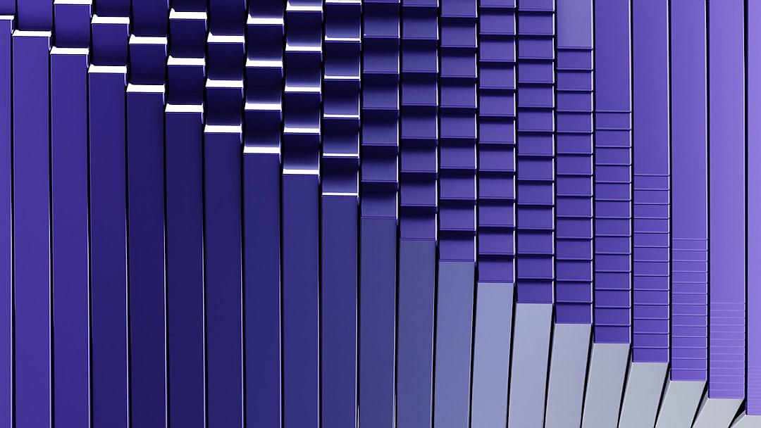 3d render of vertical rectangular strips in different shades of blue, purple and gray, arranged to create an abstract background with geometric patterns