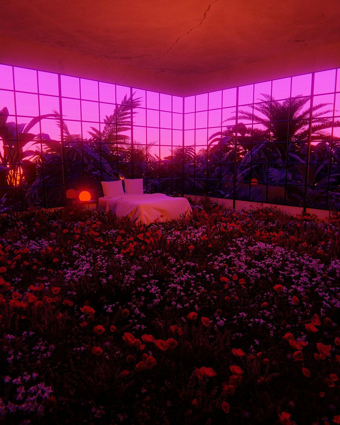 A bedroom in the middle of an orange and purple flower garden, a bed with white sheets surrounded by flowers, neon lights in the background with reflections on glass walls, palm trees outside, a pink sky at sunset, in the style of cyberpunk, high resolution photography, hyper realistic and detailed, cinematic with a wide angle shot, like a kodak film photo.