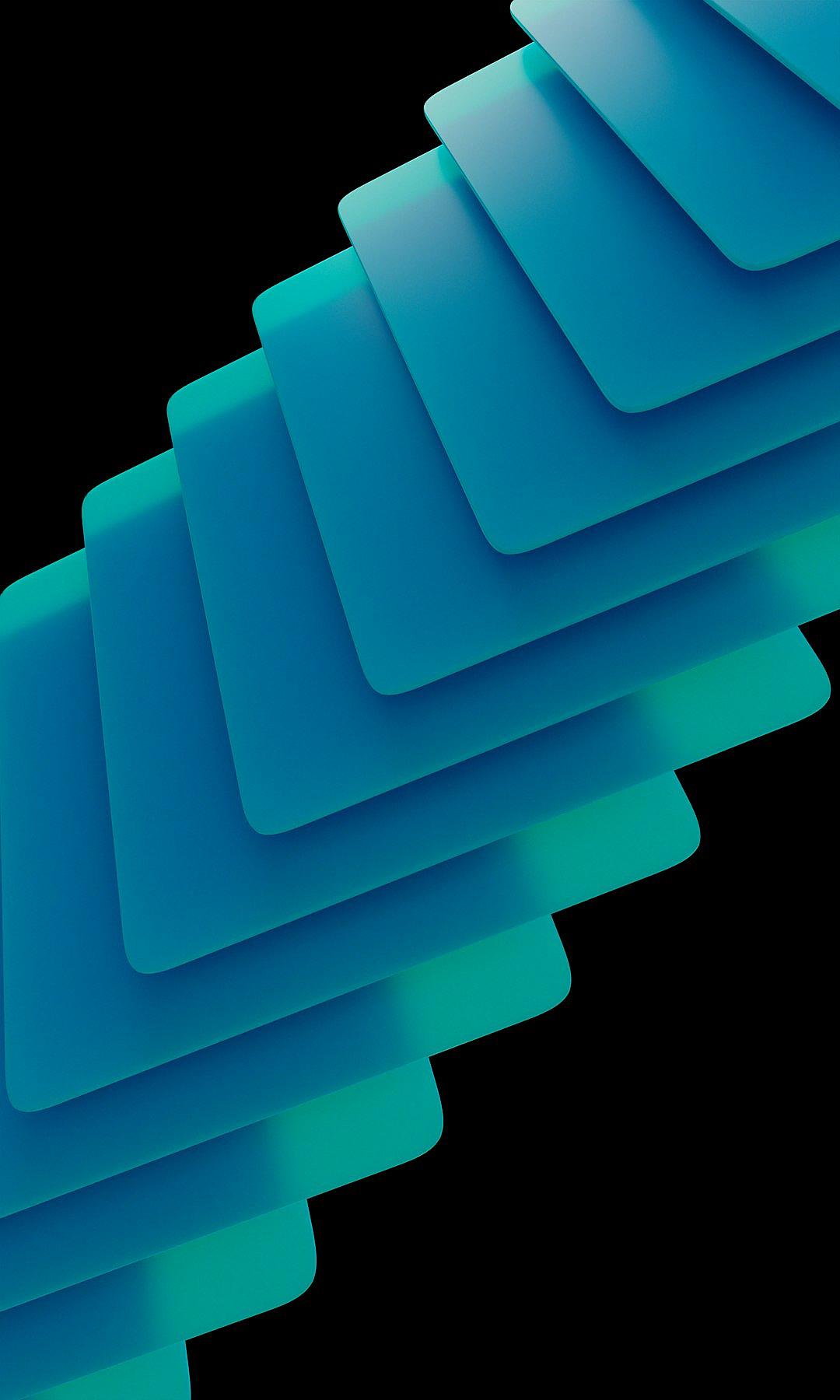 Minimalist abstract background with blue and teal gradients, arranged in overlapping square shapes, on a black backdrop. High resolution digital art in the style of mobile wallpaper or design elements.