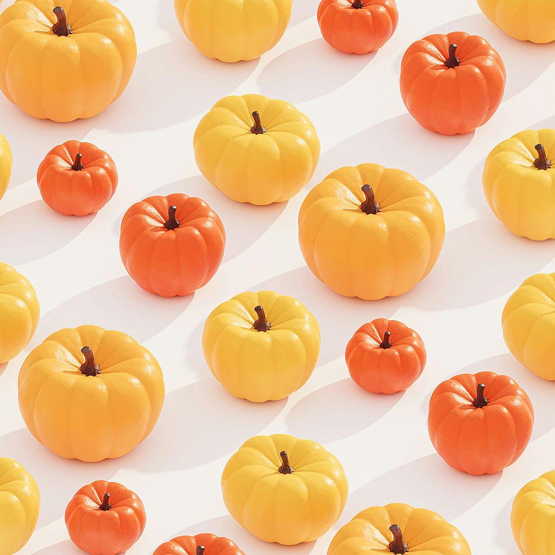 A pattern of small pumpkins in shades of yellow and orange, arranged on a white background with soft shadows. The pumpinks have smooth textures that add depth to the design. This playful arrangement creates an eyecatching visual effect for product packaging or digital backgrounds.