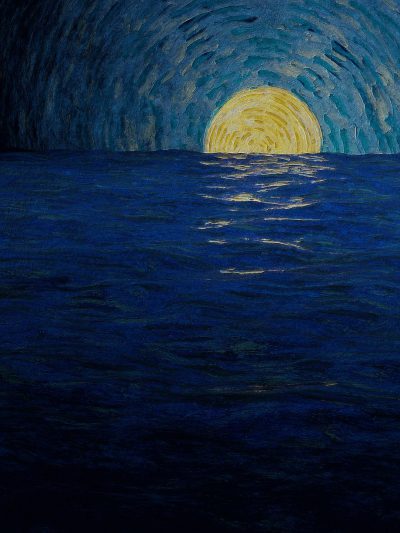 A drawing of the sun setting over an ocean in blue and yellow colors, in the style of Klimt, by Paul Van stainlessenhainck, inspired by Matisse, made with crayons on white paper with a dark blue background, very detailed, closeup, high resolution, hyperrealistic, ultradetailed, with cinematic lighting, sharp focus, high definition, high contrast, professional color grading, smooth tones, like art photography.