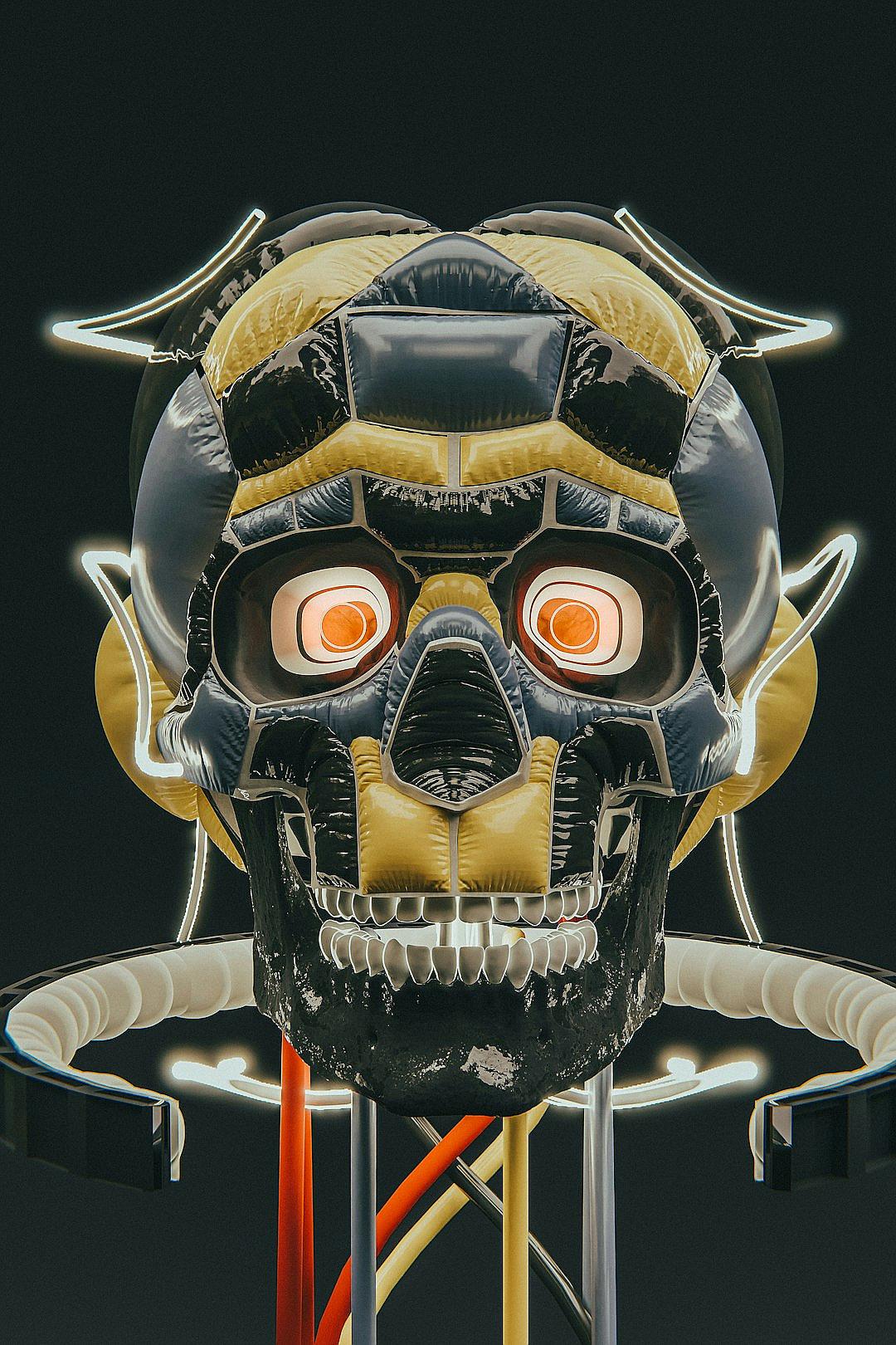 A hyperrealistic photo of an inflatable black skull with yellow and white matte details, red lights in the eyes and orange wires connected to it from behind on top of two chrome mechanical legs, symmetrical composition, black background, shot in the style of Fujifilm XH2S at F/8.0