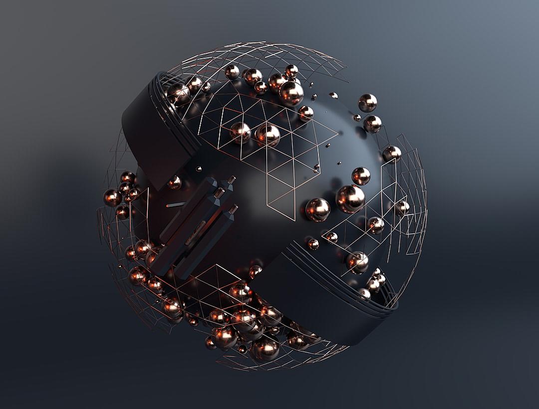 A black sphere with copper wire and spheres, rendered in the style of cinema4d, is surrounded by complex geometric shapes. It features an abstract design, a dark gray background, and dark bronze tones, creating a three-dimensional effect. The sphere has multiple layers of metal mesh that give it depth and texture. There is also some light on top to create shadows, adding contrast between different elements.