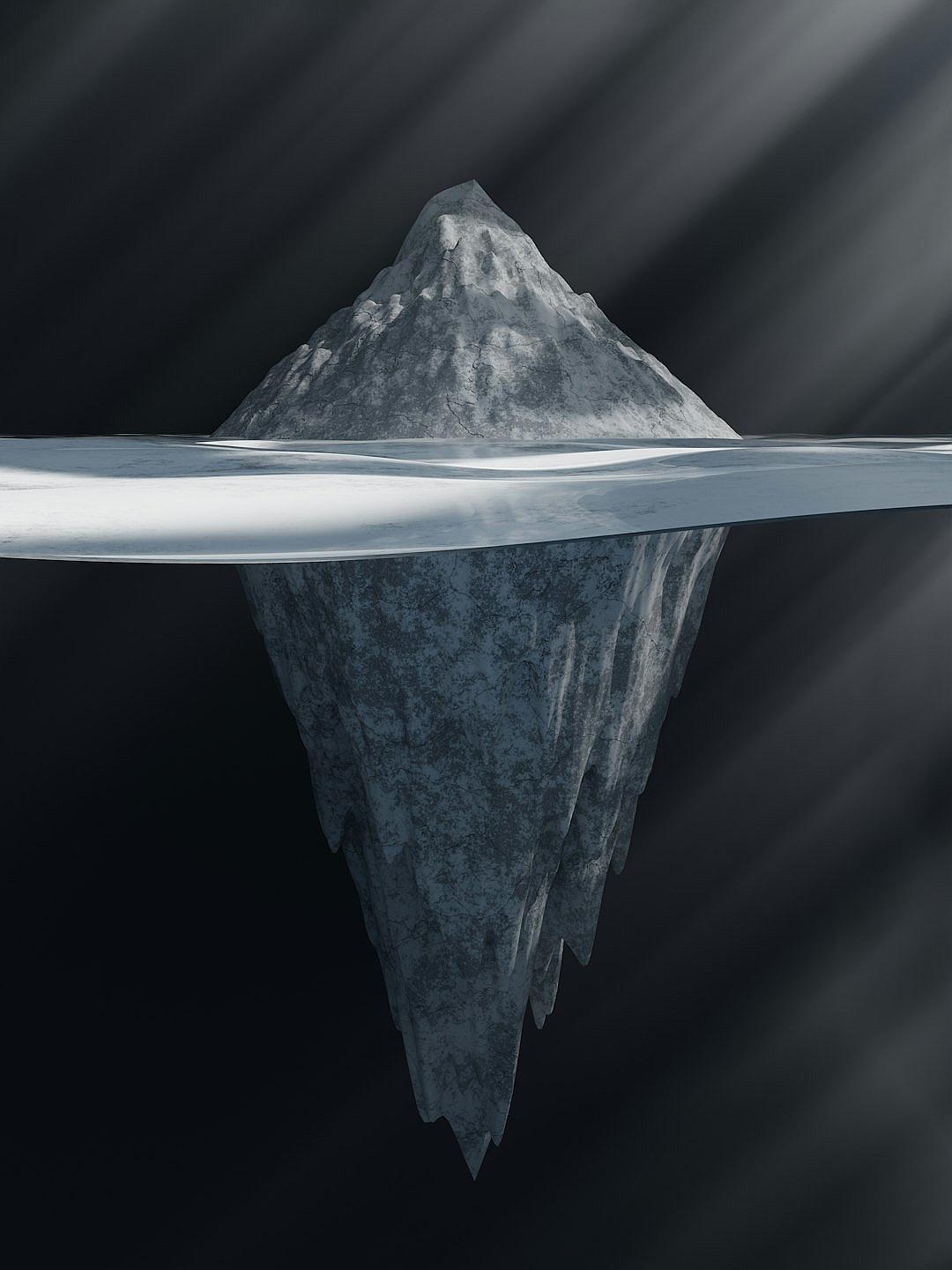 3d render of an iceberg floating underwater, one third above the water surface and two thirds below it. The under part is made out of smooth gray ice while top part has rough texture. There’s a thin layer of white cloud in front of the mountain. Black background.