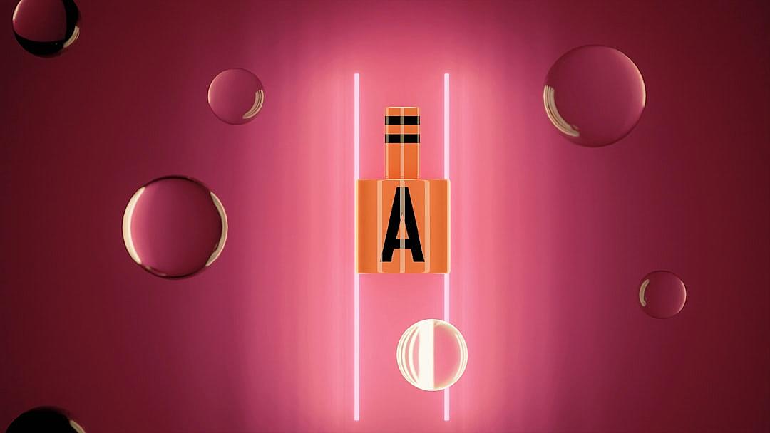 A minimalist and modernist logo for the brand “a”, featuring an orange rectangular bottle with black letters on it, surrounded by pink neon lights. The background is dark red, with small glass spheres floating around it. This design creates a sleek and contemporary aesthetic that highlights both luxury beauty products and futuristic technology elements. It embodies sophistication in simplicity, perfecting balance between form and function.