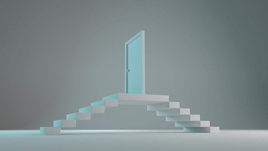 3D illustration of a white door at the top of some stairs, with a light blue background, in a minimalistic style.