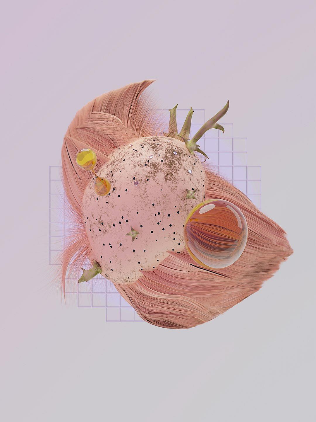 A digital collage on white paper, with an illustration of pink hair floating in the air and half cut peach fruit inside, pastel aesthetic, minimalistic design in the style of a minimalist artist.