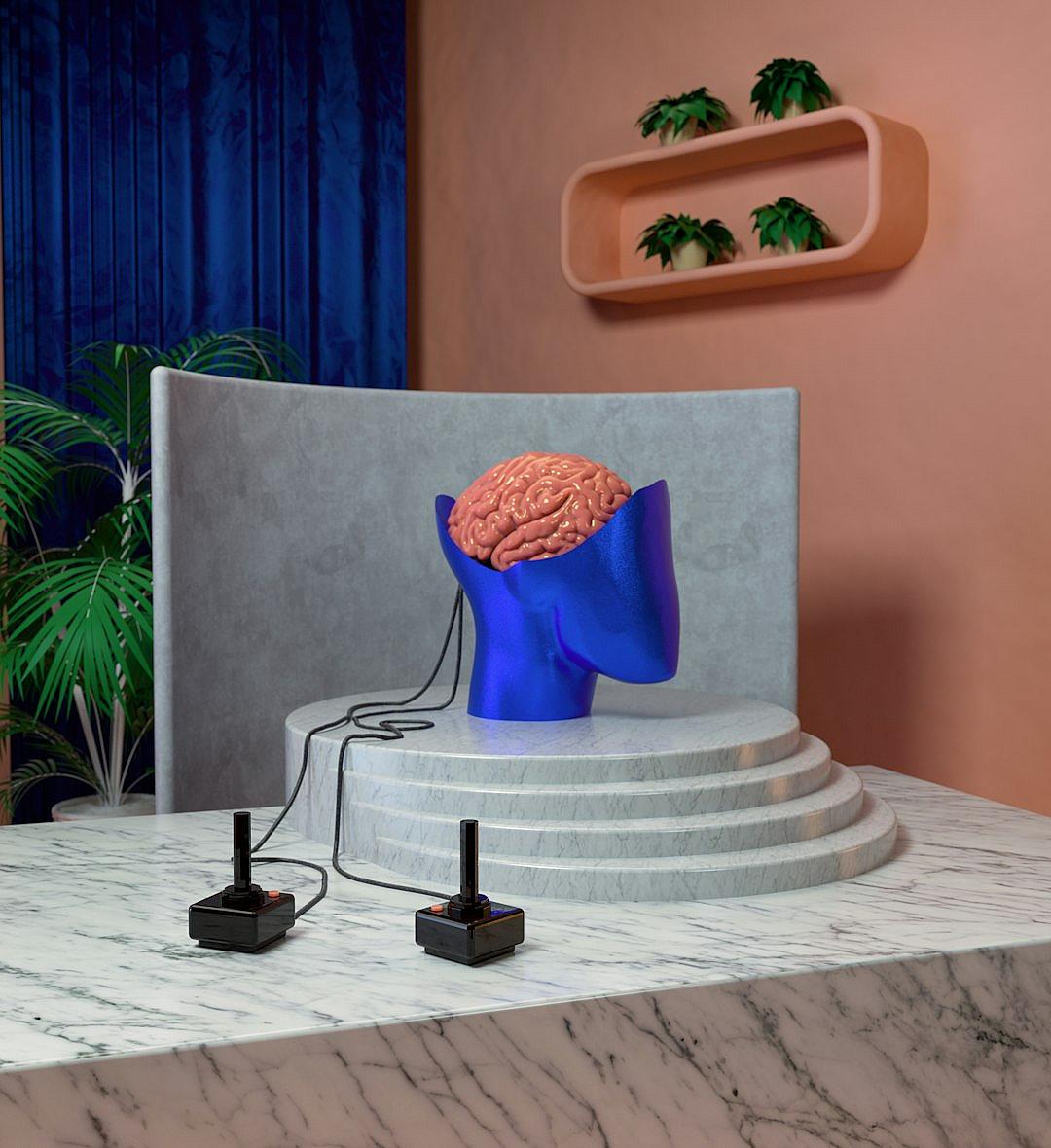 A blue sculpture of the human brain is placed on top of an elegant white marble pedestal surrounded by two black game controllers, on a small podium in front of a pink wall with a modern orange shelf and plants behind it, in the interior design photography style, photorealistic.