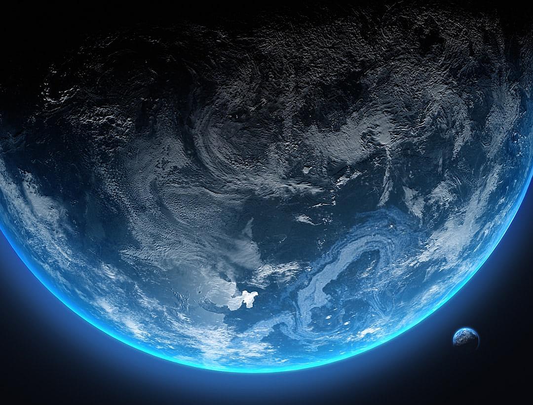 a view of the earth from space, blue and black, hyper realistic photography