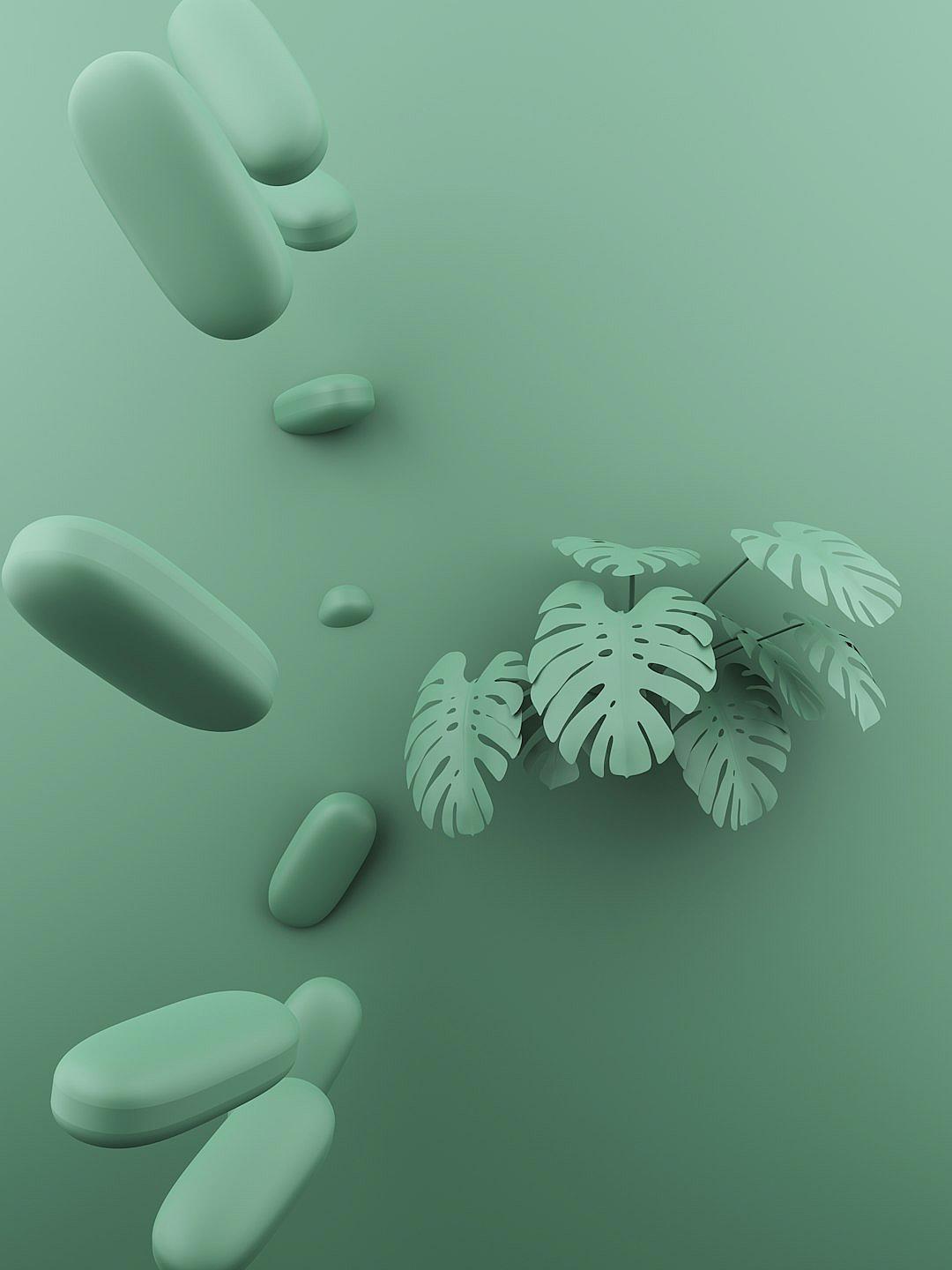 3D render of abstract shapes in a light green color floating in the air, monstera plant and stones flying around, simple shapes, minimalistic design, low details, no shadows, matte background, high resolution. In the style of stones flying around.