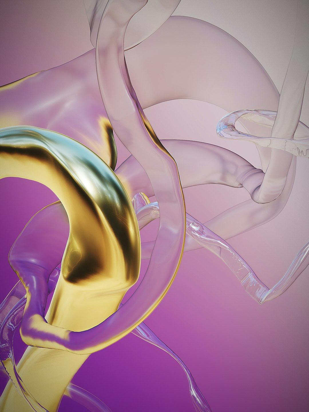 3D render of fluid abstract shapes in purple and gold, with glasslike materials, against a pink background, rendered in the style of cinema4D, smooth curves, closeup