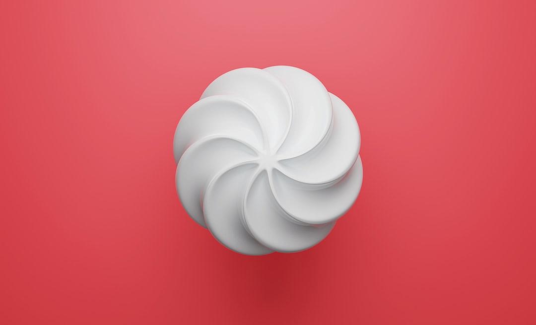 3D rendering of a white swirl cream on a red background, isometric view. The rendering is in the style of cream on a red background.