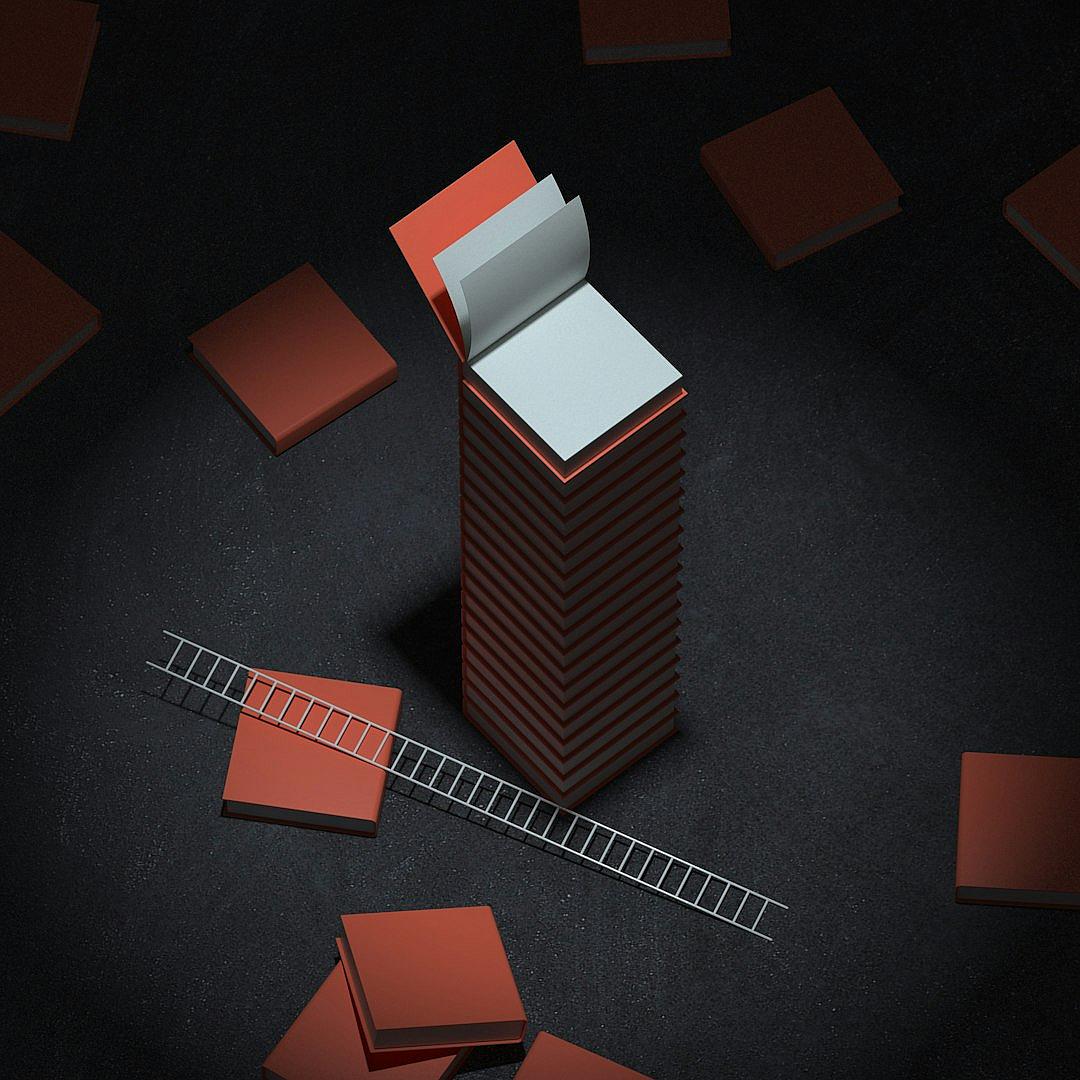 A tall rectangular box made of dark red bricks with an open lid on top, from which white paper and thin metal lines in the form of ladders and stairs project. Data is pouring out onto it, around several small brown square boxes lying at different angles, on a black background in the minimalist style.