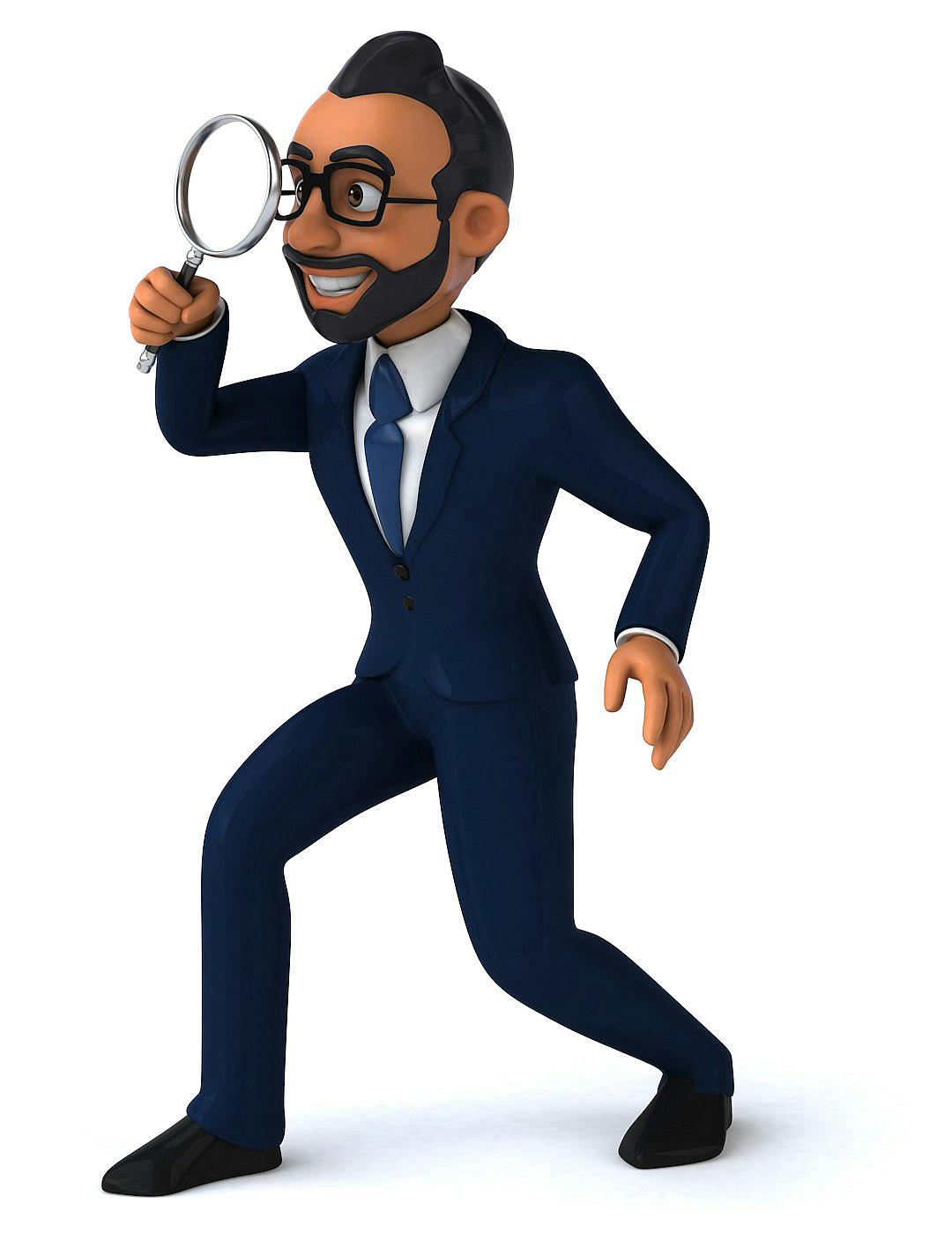 3D render of a cartoon businessman holding a magnifying glass, on a white background, wearing a blue suit and black shoes, smiling with a short beard and glasses, from the side view. The render is in the style of an animated cartoon character.