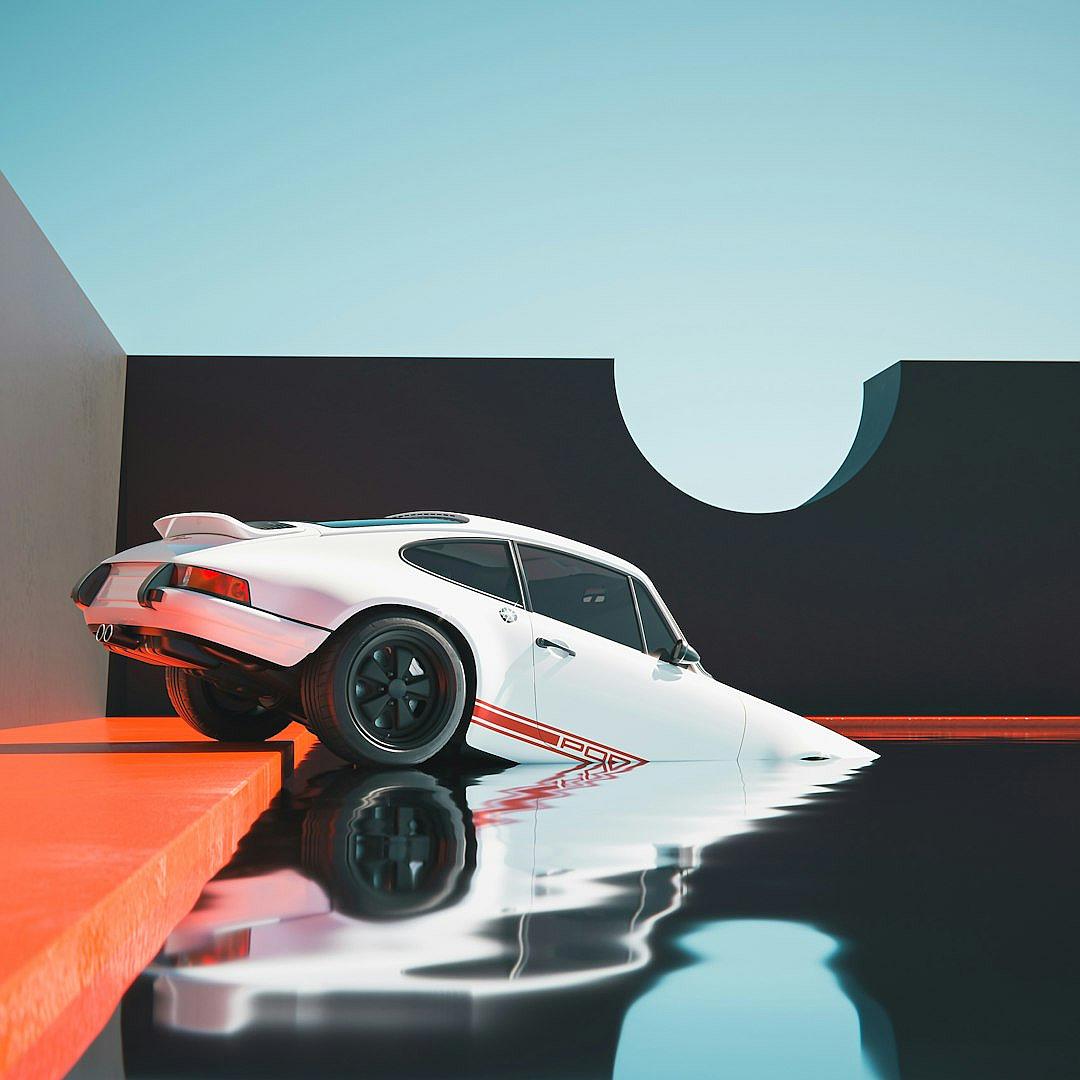 A white Porsche Rton is parked on top of an orange and black platform, with the car’s reflection visible in water below. The scene includes a wall that has been painted in the style of it’s made from threedimensional shapes, creating a surreal effect. This design adds depth and texture to the composition, making for a visually striking and dynamic image.