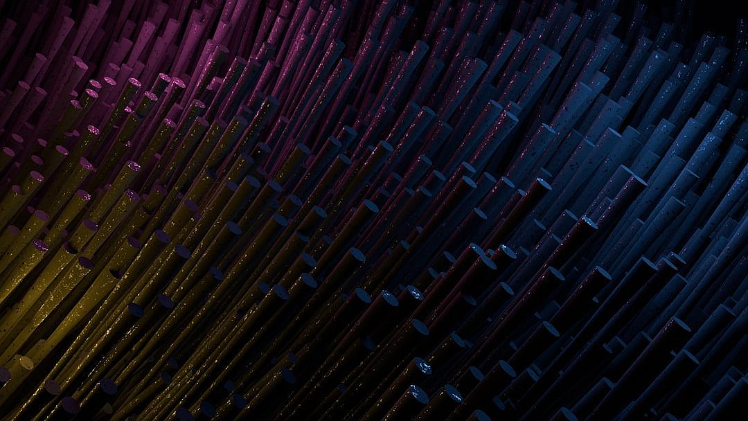 Dark background, many vertical metal pipes arranged in layers with neon light colors on the edges of each pipe, creating an abstract and futuristic pattern. The overall effect is a gradient from dark to purple, pink, yellow, and blue, giving it a unique texture. This background creates a modern atmosphere for design or decoration. ,8k