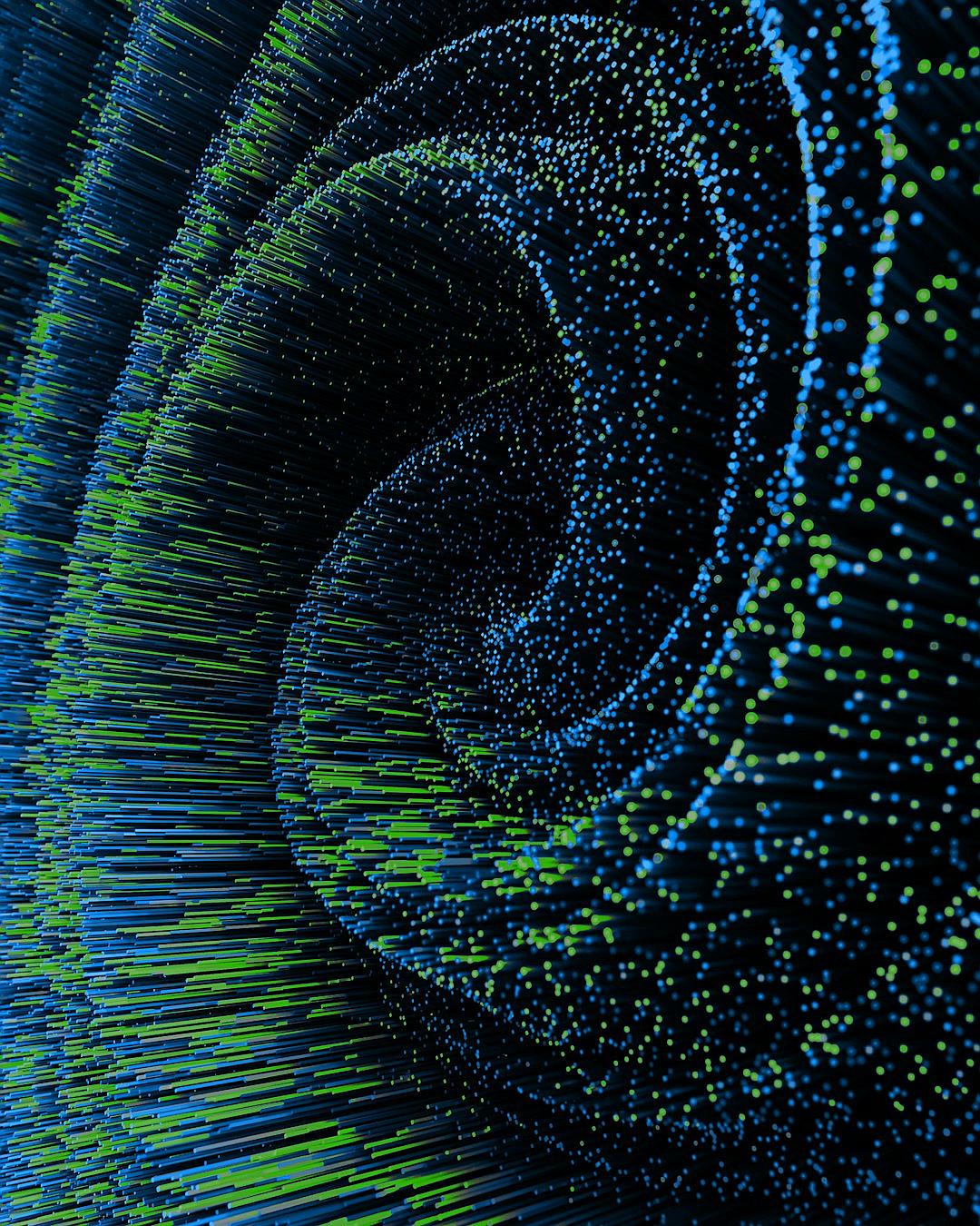 A closeup of an abstract pattern composed entirely from tiny blue and green dots, with each dot creating the shape of small spiral shapes that form the background for dark black space. The overall effect is one of depth and complexity, with intricate patterns that suggest movement and fluidity in motion. This visual representation symbolizes AI’s ability to create complex data streams and connections within vast digital worlds.