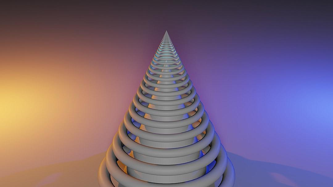 3D rendering of a cone made from many spiral turns, minimalistic, with a light grey and blue gradient background, in a high resolution photographic style.