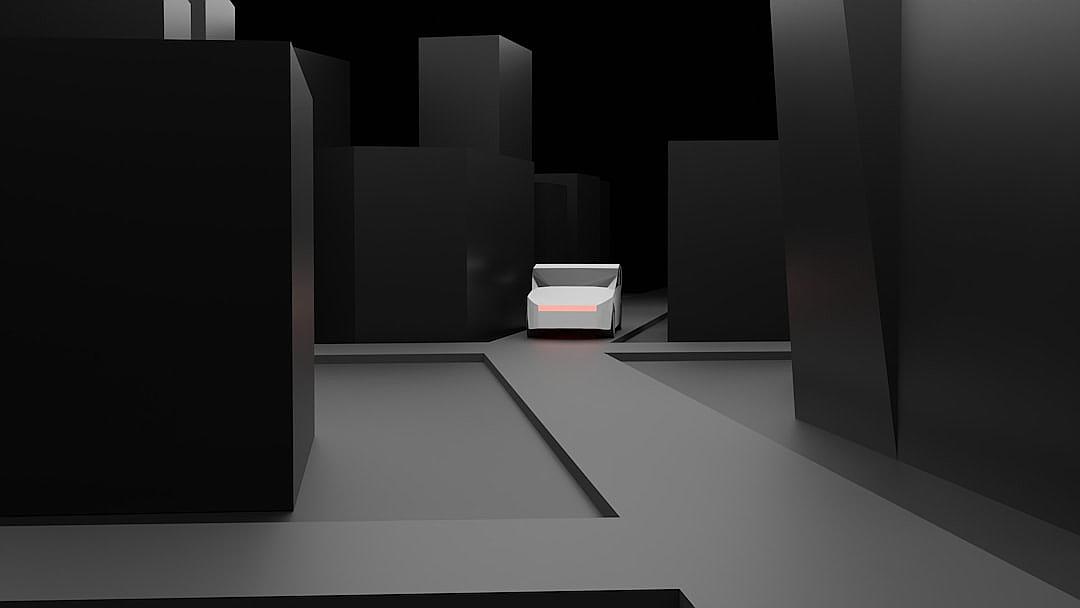 A minimalistic black and white virtual reality environment with a small, floating carton box in the center of the frame. The scene is simple yet powerful, featuring stark contrasts between light grey floor and dark background walls. A single spotlight illuminates the box from above, creating an atmosphere that evokes contemplation or exploration. This composition focuses on simplicity and visual impact, making it suitable for various digital media applications.