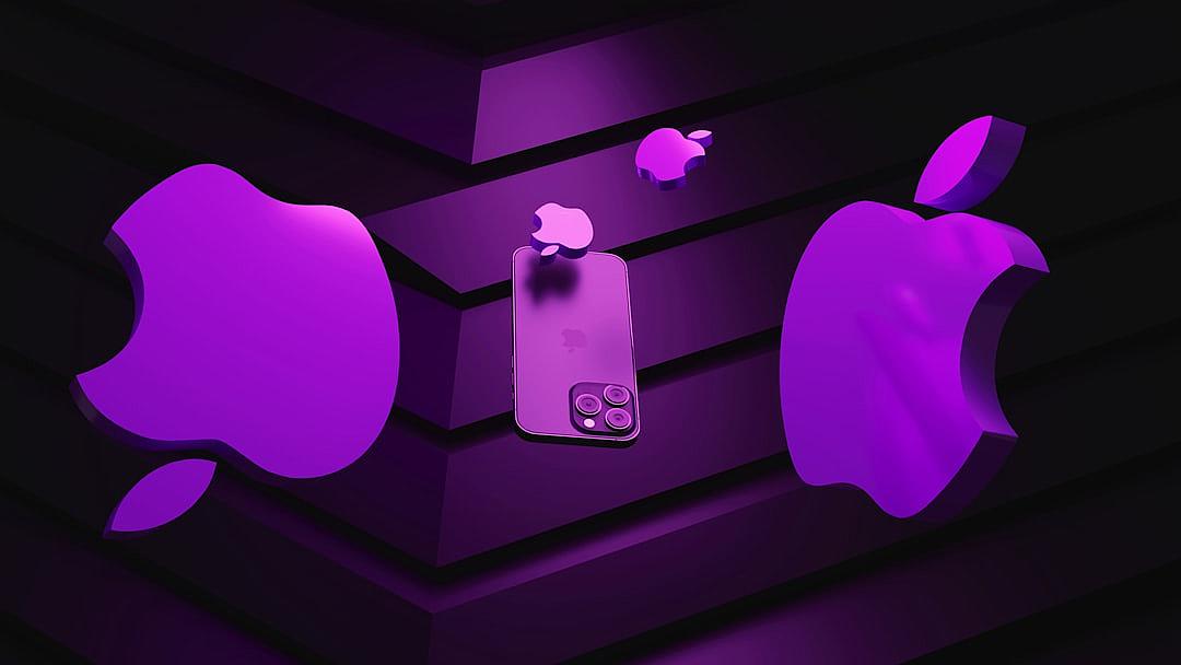 3D purple apple logo, iphone on display in a dark room, 2d vector art style in the style of 80s retro illustration, purple lighting, black background, purple color scheme, apple store design elements, apple product display, 45 degree angle, apple logo displayed in the center of the composition, apple products, shadows cast by windows, shadow play and highlights, minimalistic design in the style of digital art, high resolution