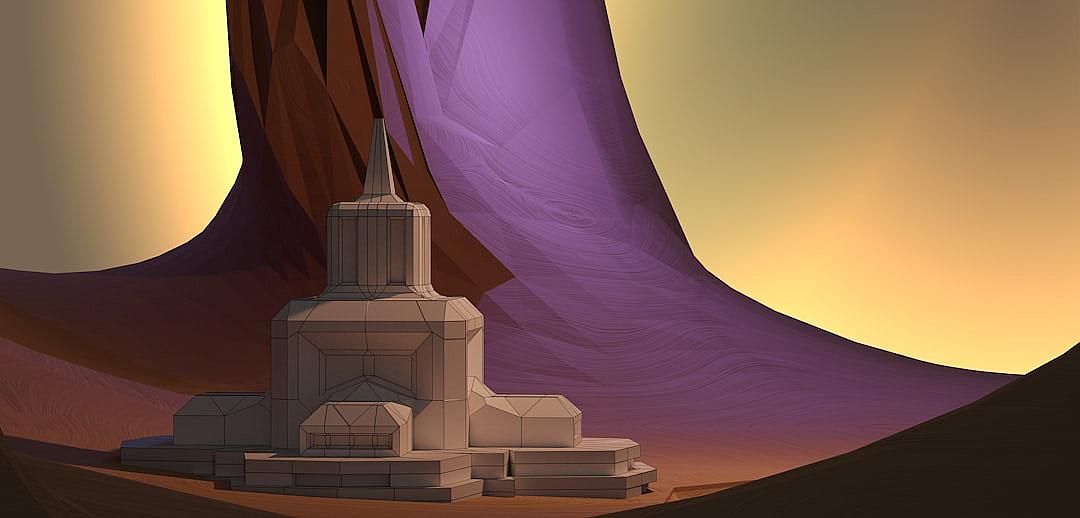 A cartoon lowpoly scene of the Jedi Temple from Star Wars, rendered in simple shapes and with minimal detail. The temple is located on top of tall purple sandstone dunes. In the background there is an orange sunset. It has flat shading and no gradients or shadows, in the style of minimalist digital art.