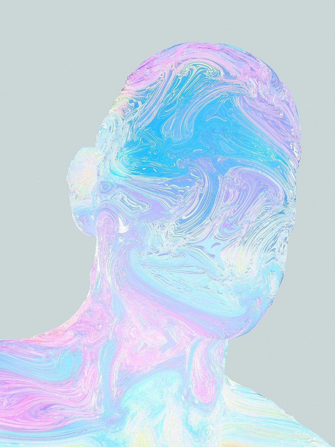 A holographic representation of the human head and neck, featuring pastel hues with swirling patterns, creating an ethereal and dreamy atmosphere. The light grey background enhances the colors and creates depth in the illustration.